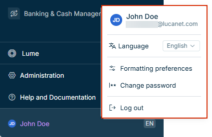 User Account area at the bottom of the main menu with the Account Menu open, showing user name, e-mail address, language selector, formatting preferences, change password, and log out options