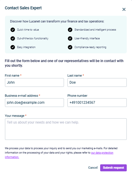Displays the 'Contact a Sales Expert' form with fields for first name, last name, business email, phone number, and message.