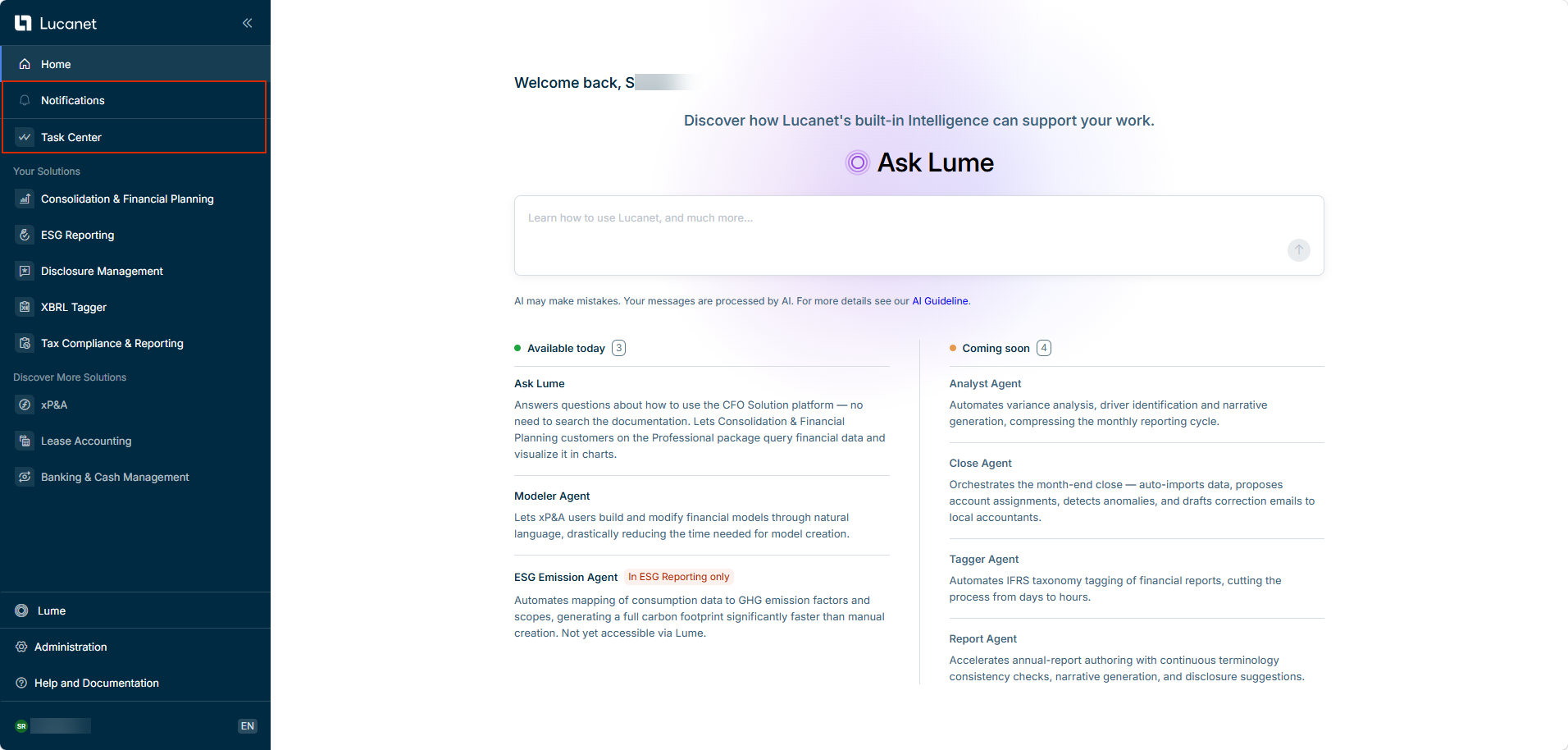 Displays the start page of the Lucanet CFO Solution Platform. The areas for the global functions in the main menu, 'Notifications' and 'Task Center', are highlighted in red.
