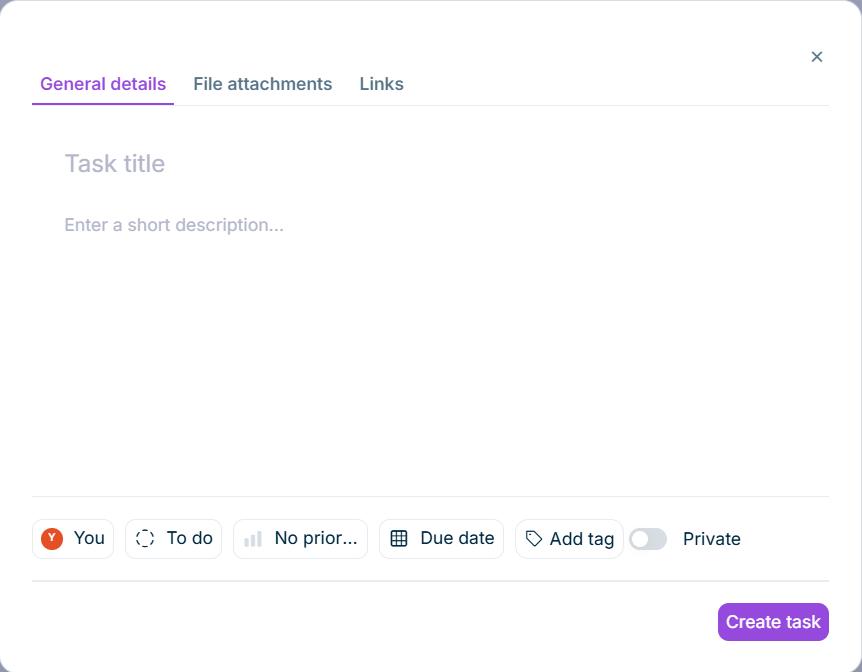Displays the dialog for creating a task