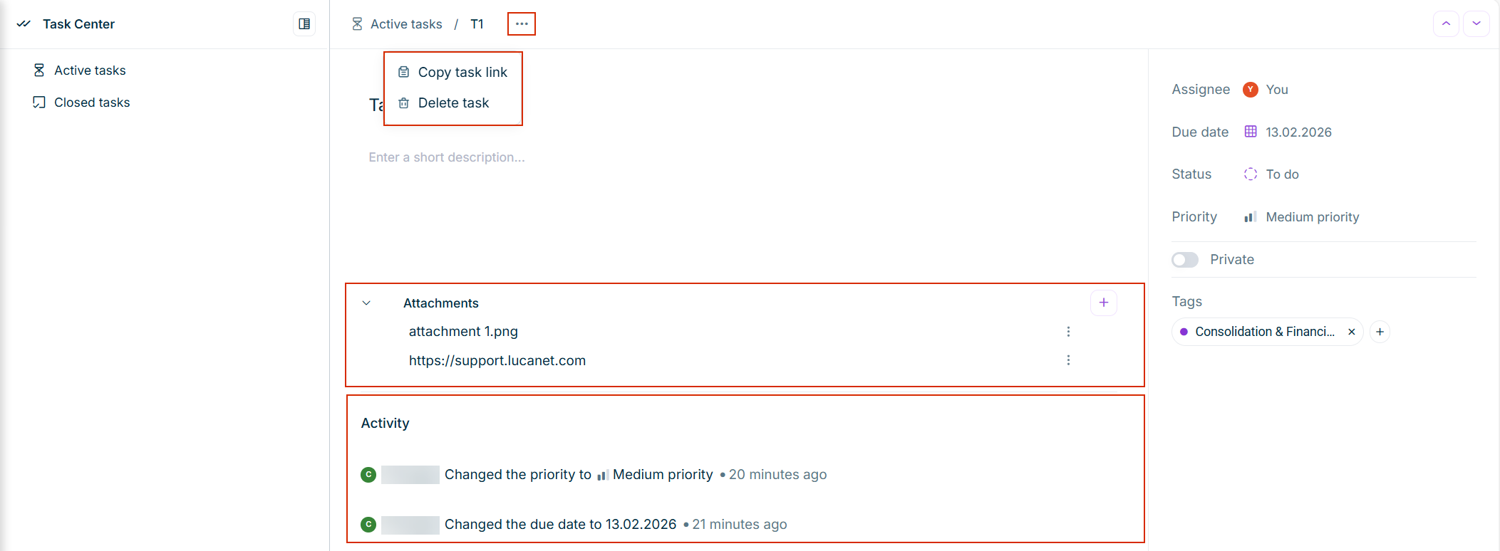 Screenshot showing available actions and activity log for a task