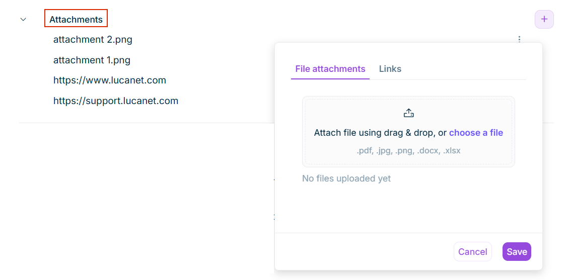 Shows the 'Attachments' area on the task details page and the options to adding file attachments and links