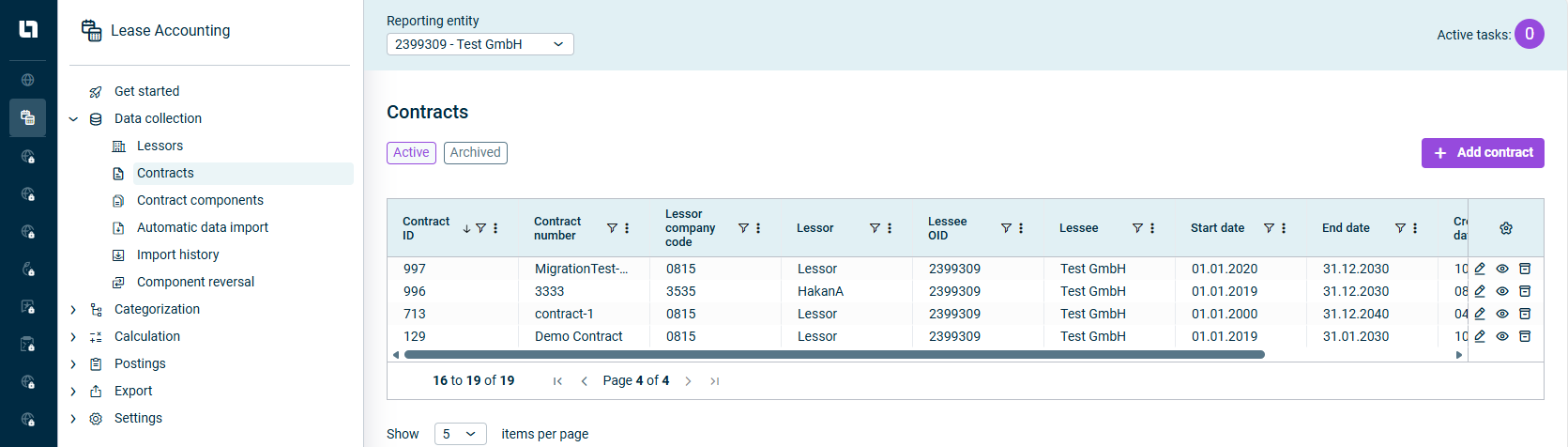 Displays the 'Contracts' workspace in Lucanet Lease Accounting