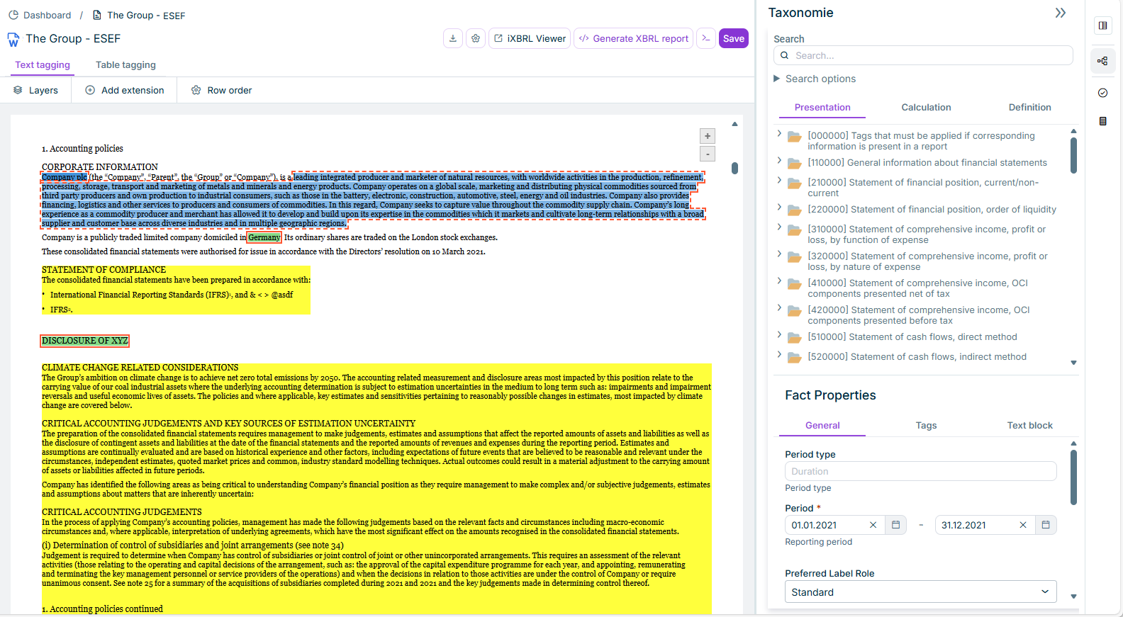 Workspace 'XBRL document' in the XBRL Tagger. A document is open and a tag is selected. The properties of the tag are displayed in the middle, and the taxonomy used is displayed on the right.