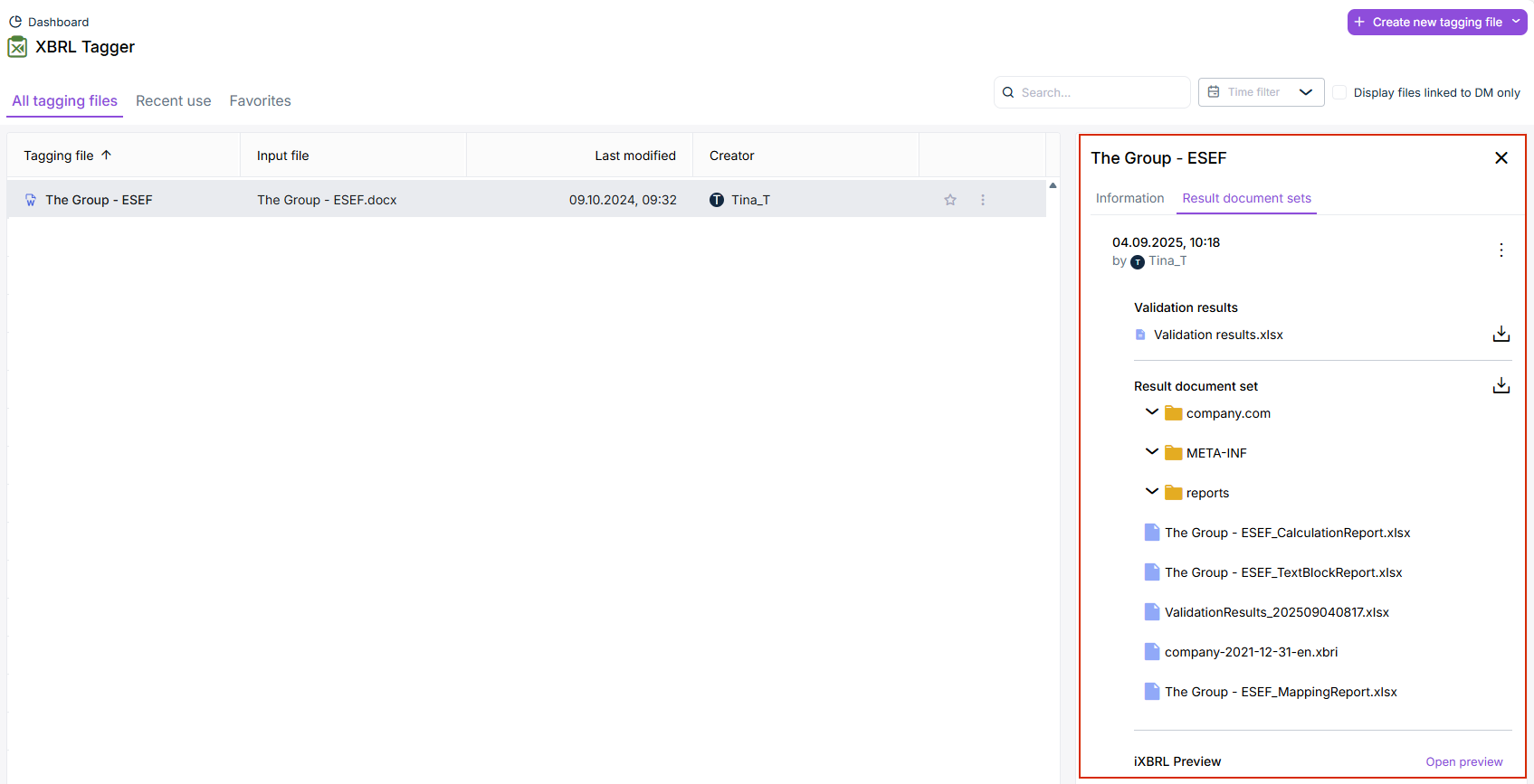Workspace 'Result documents'. A row is marked for a result document. The ' Result document sets' area is displayed next to the document list.