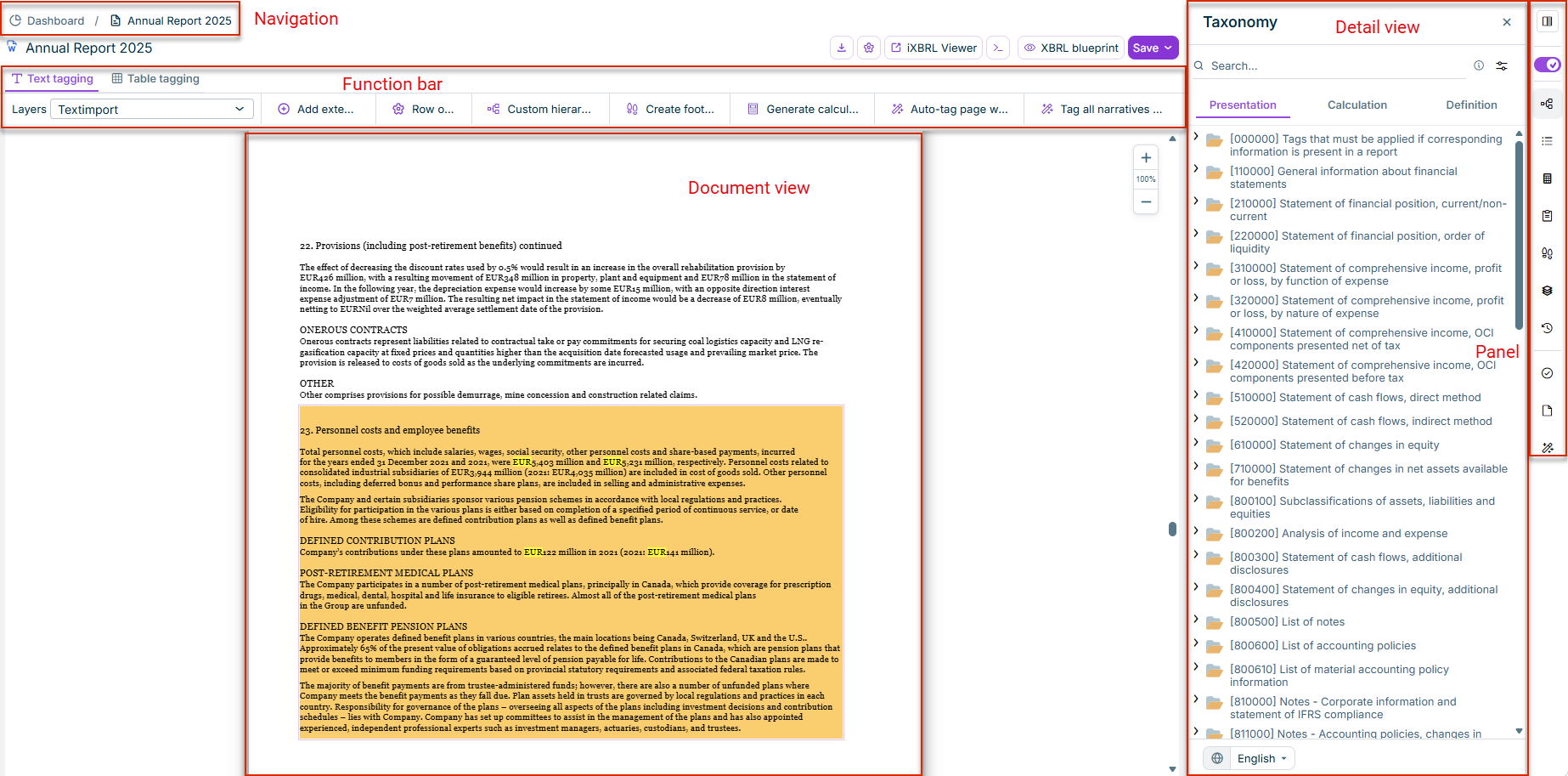 Displays the XBRL Tagger user interface. The corresponding areas of the user interface are marked using the example of a document view. The marked areas are the overview of workspaces, and the detail view.