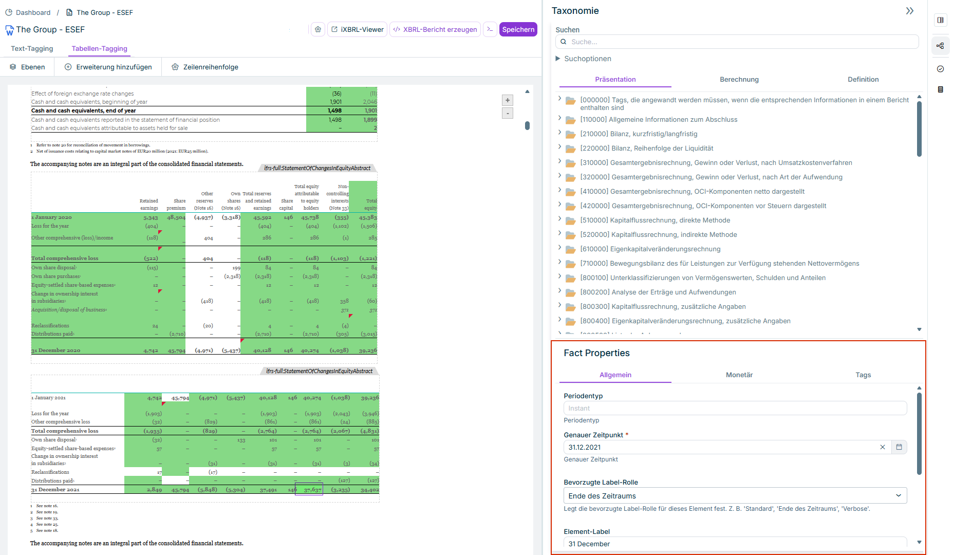 Part of the 'XBRL document' workspace. The 'Taxonomy' and 'Properties' areas are displayed. A value is selected in a table in the document. The properties of the selected value are displayed.