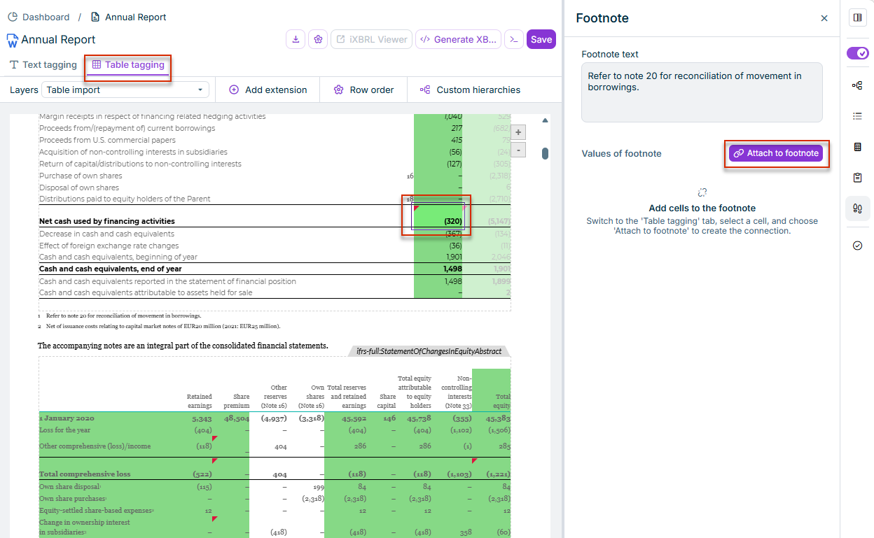 The selected cell is assigned to a table cell in the Table tagging view