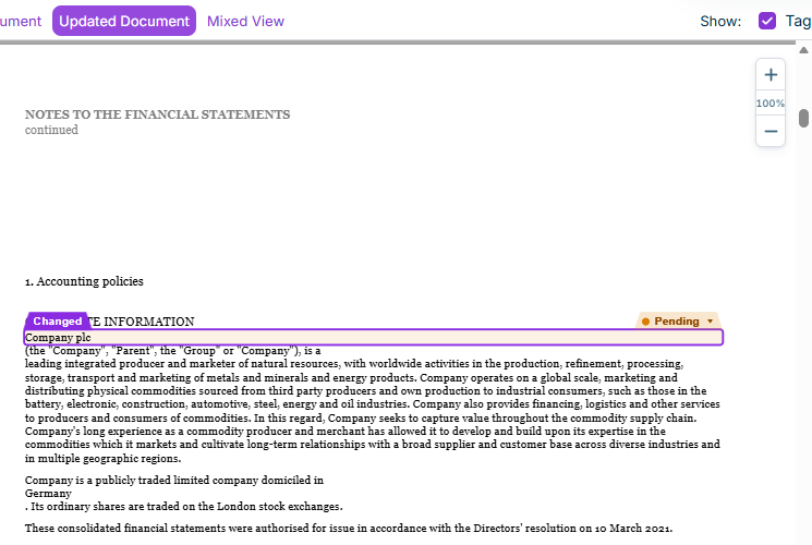 Highlighted change with the "Changed" label in the document view
