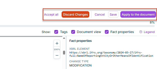 Buttons for accepting, discarding, cancelling, saving, and applying the Tag Update Preview
