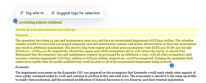 Context menu 'AI options' for a selected, not-yet-tagged text area with the options 'Tag with AI' and 'Suggest tags for selection'