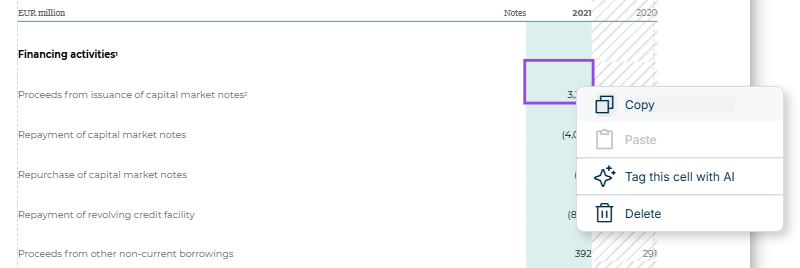 Context menu of a not-yet-tagged table cell with the options 'Copy', 'Paste', 'Tag this cell with AI', and 'Delete'