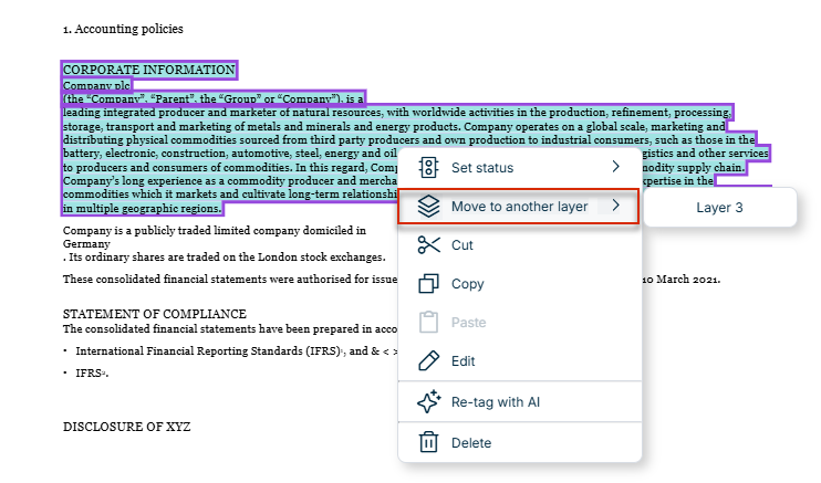 Context menu of a tagged text section with the highlighted option 'Move to another layer' and the submenu of target layers