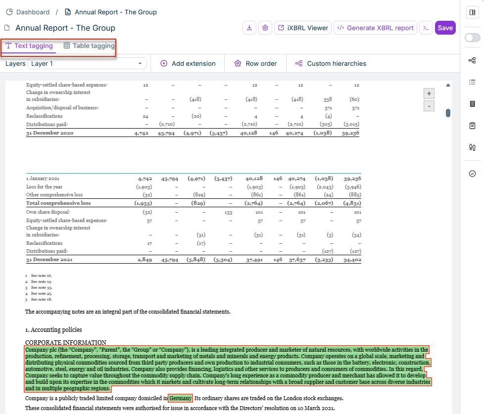 'Text tagging' and 'Table tagging' tabs in XBRL Tagger