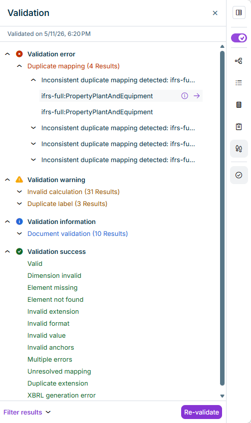 Part of the 'XBRL document' workspace. Example validation results are displayed in the 'Properties' area.