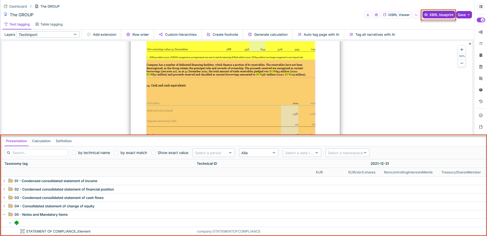 XBRL blueprint in the XBRL Tagger with the button highlighted and the linkbase tree open