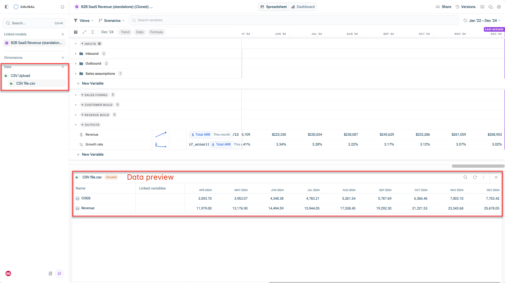 Shows the data preview window that is displayed when the user clicks on the name of the data source in the overview of the model on the left-hand side