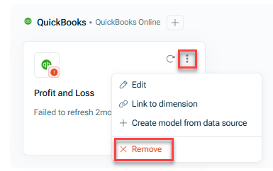Shows the three-dot menu of a data source in the Data workspace . Highlighted is the three-dot icon and the option 'Remove'