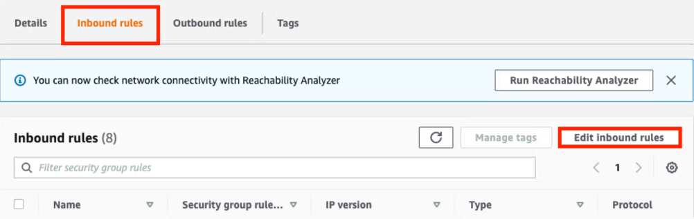 Shows the 'Inbound rules' tab. of the Redshift cluster settings Highlighted is the name of the tab and the command 'Edit inbound rules.