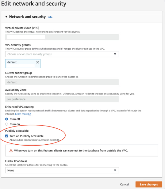 Shows the Redshift properties 'Network and security'. Highlighted is the option 'Turn on Publicly accessible'