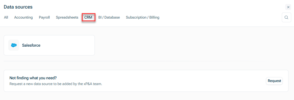 Shows the CRM tab of the 'Data sources' dialog