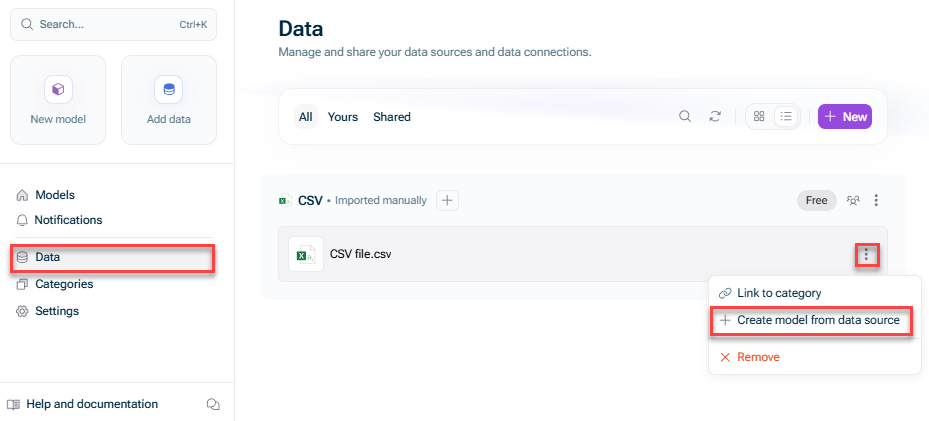 Shows the option 'Create model from data source' from the three-dot menu of a data source