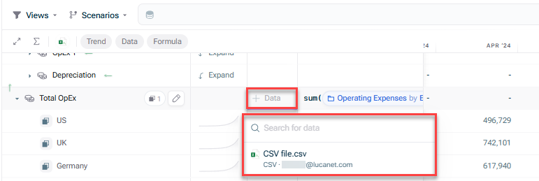 Shows the drop-down list to select the data source and data item to be connected when clicking into the data column of a variable