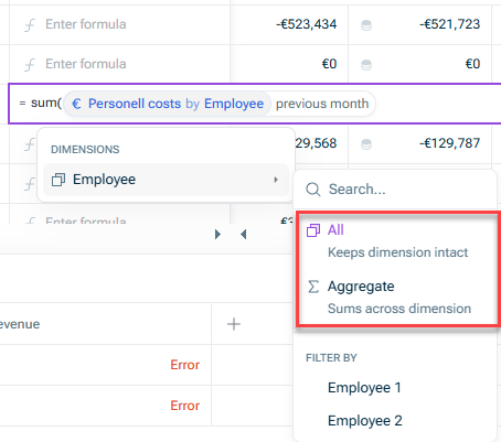 Shows the options 'Aggregate (Sums across category)' and 'All (Keep category intact)' in the menu. of a category