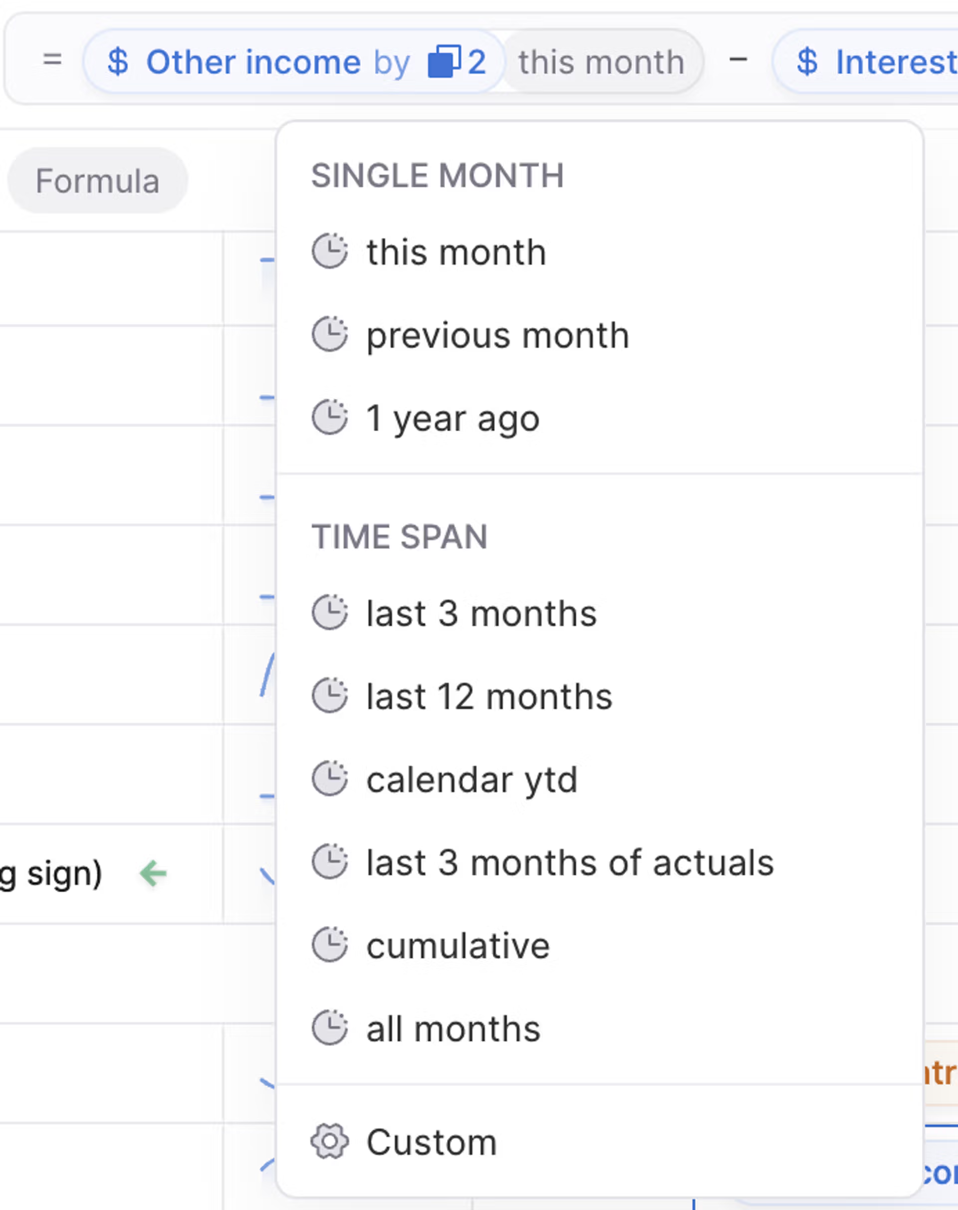 Shows the list of time modifiers that are available for the formula.