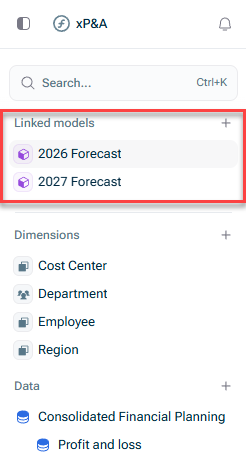Show the area in the model overview where all linked models are listed