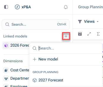 The context menu when clicking the plus icon is displayed. The plus icon is highlighted in red.