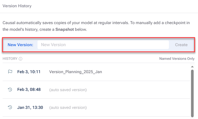 Shows the fields in the version history to be used to create a new version