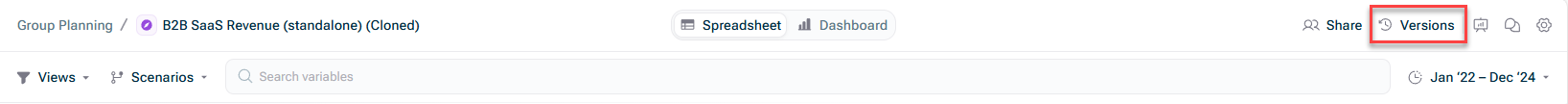 Shows the 'Versions' button in the Spreadsheet view of a model.