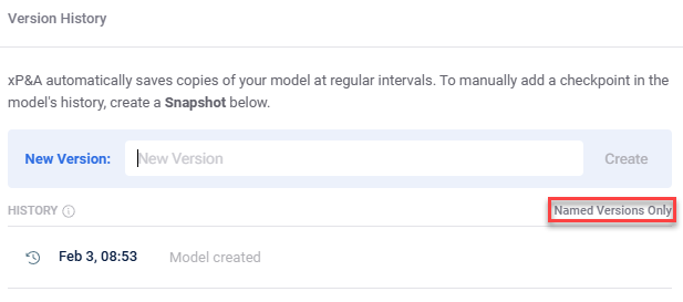Shows the version history of model. Highlighted is the button to switch between all versions and only named versions.