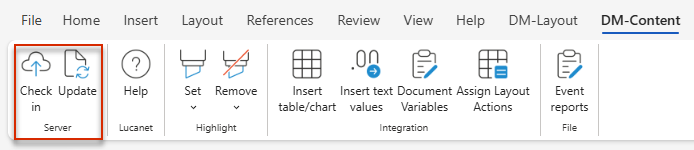 The buttons for checking in and updating in the Word ribbon on the 'DM-Content' tab.