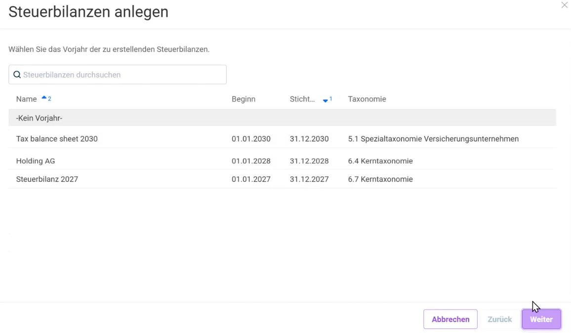 1. Schritt im Dialog 'Steuerbilanz anlegen'