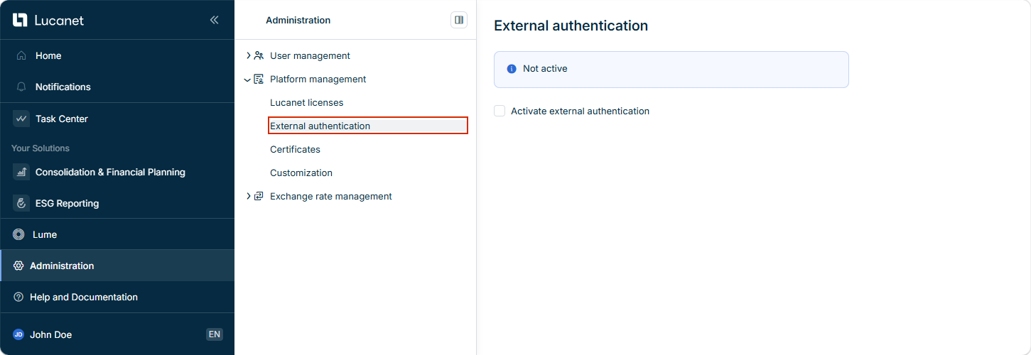 Shows the 'External authentication' workspace in the Platform management area.
