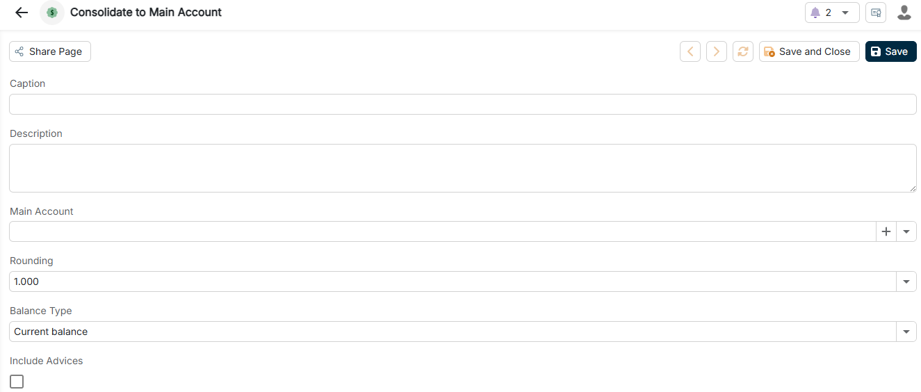 The configuration options of the Consolidate to main account disposition method are displayed.