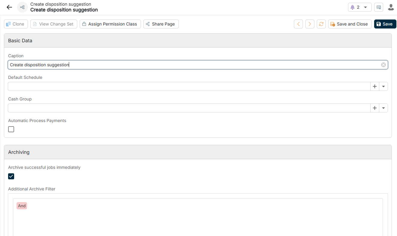 The configuration options of the Create disposition suggestion processing channel are displayed.