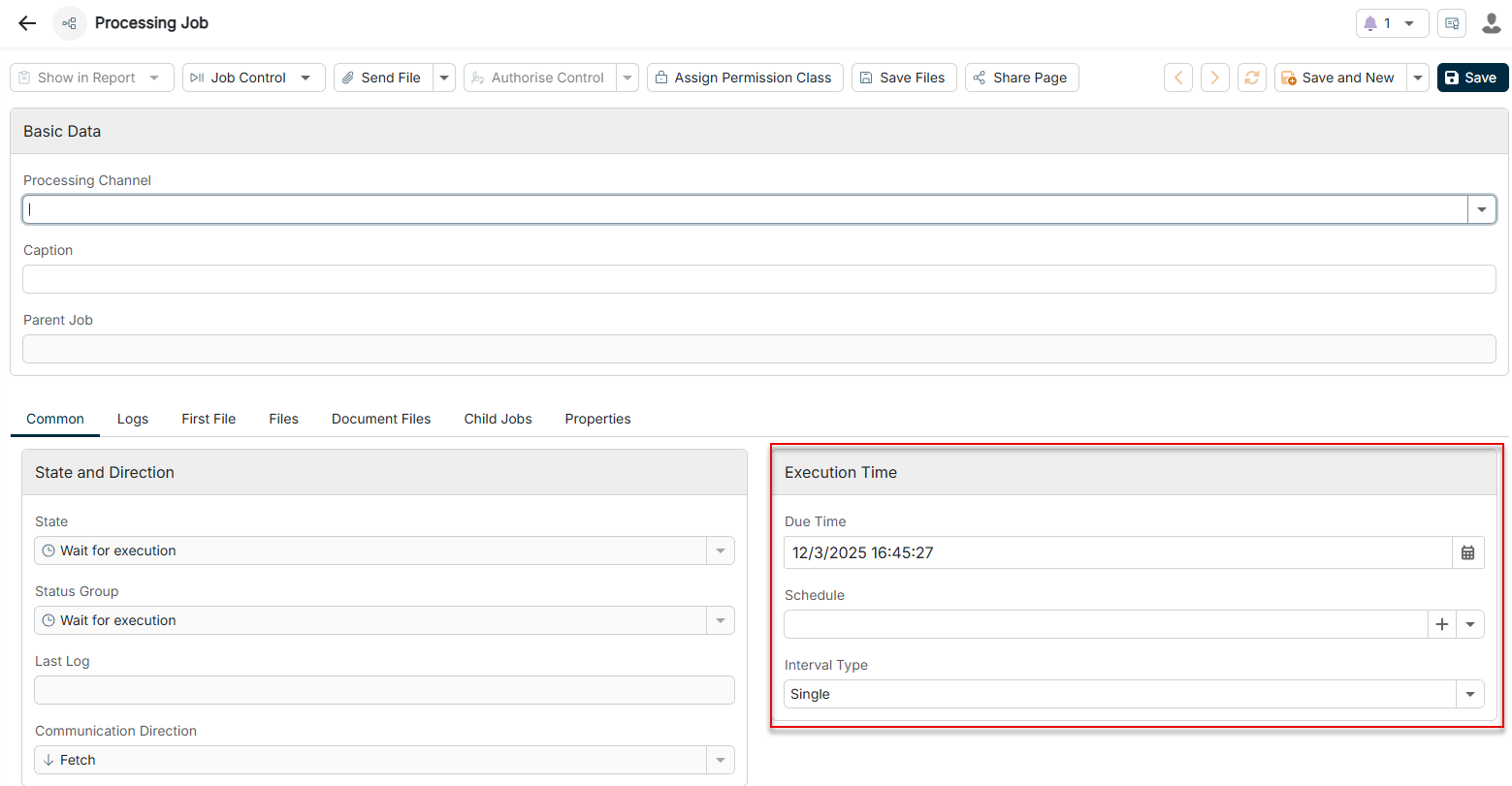 The Execution time area of a processing job is highlighted.