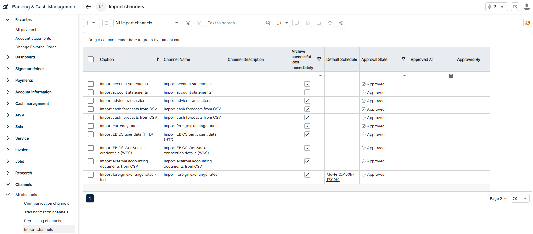 The Import channels workspace is displayed.