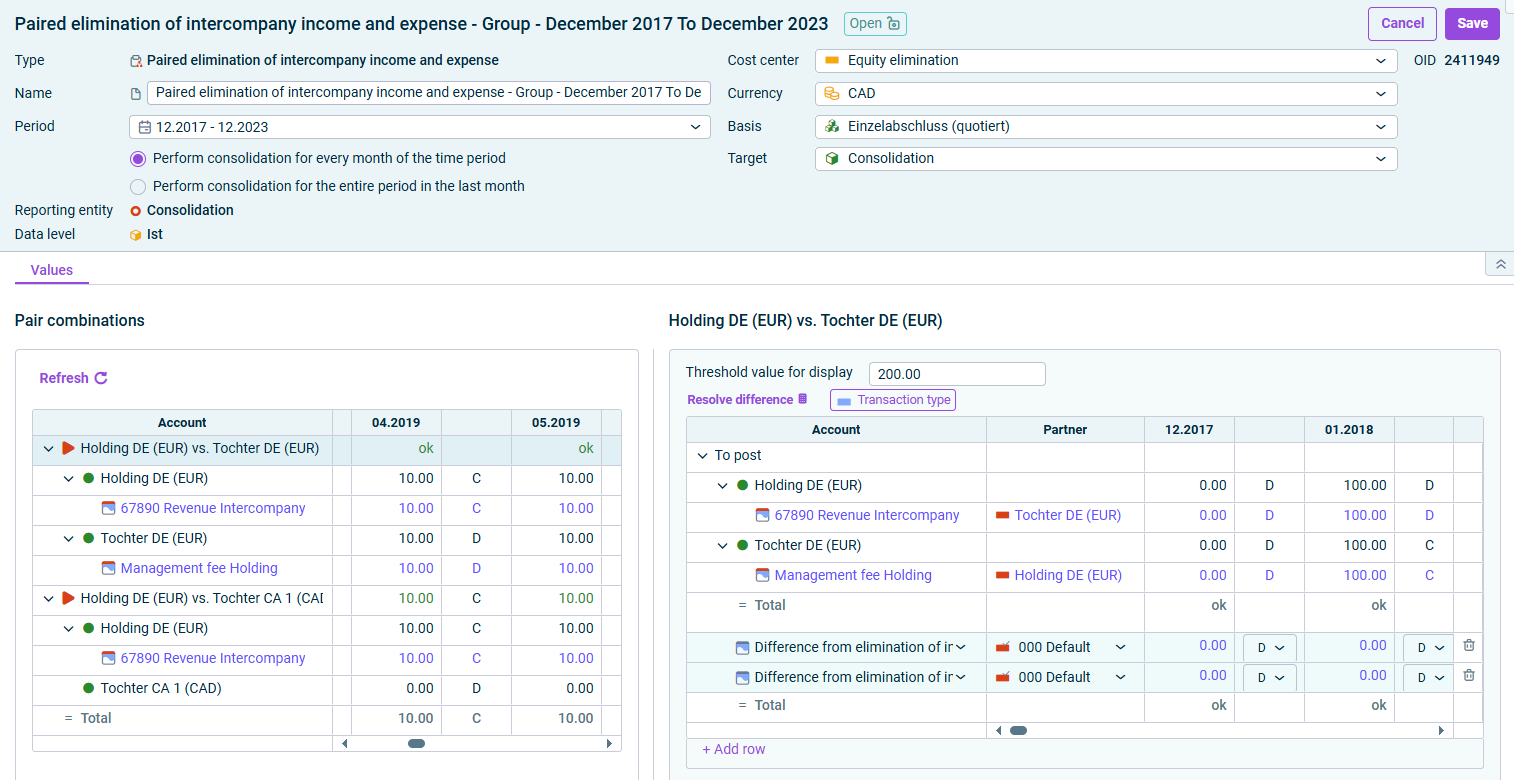 Wizard for paired elimination of intercompany income and expense