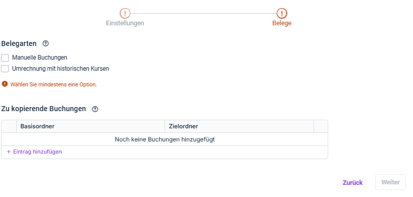 Zeigt den Schritt 'Buchungen' der App 'Buchungen in andere Konsolidierungskreise kopieren'