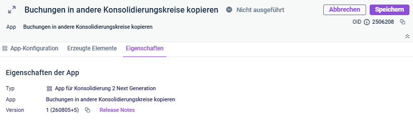 Zeigt den Reiter 'Eigenschaften' einer Konsolidierungs-App