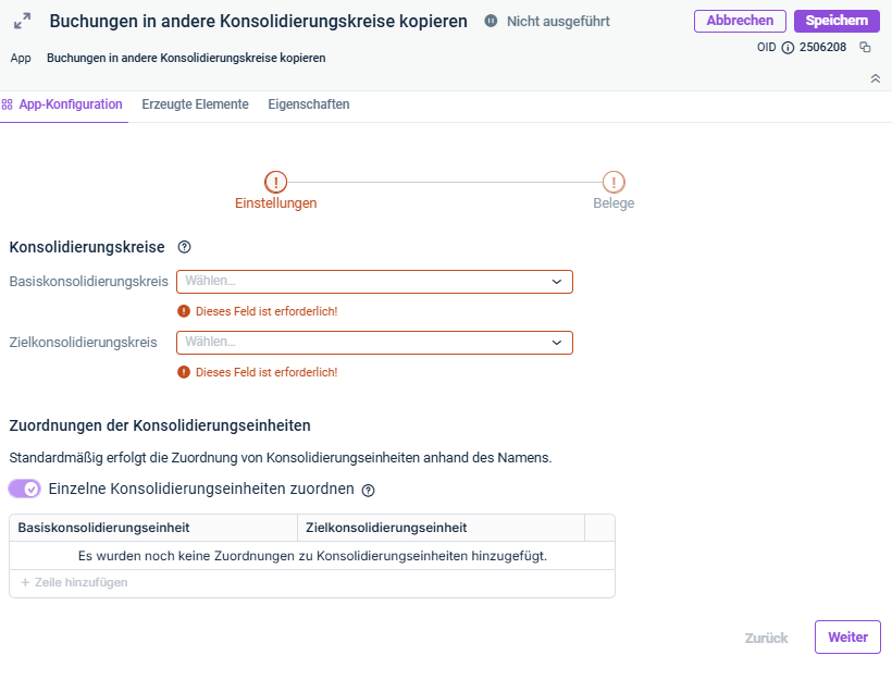 Zeigt den Schritt 'Einstellungen' der App 'Buchungen in andere Konsolidierungskreise kopieren'
