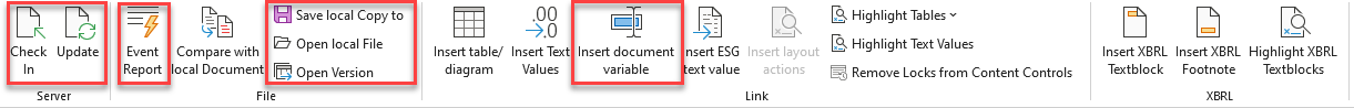 Displays the Word ribbon for Disclosure Management in MS Office for Desktop. The 'Server' and 'Files' areas and the 'Insert Document Variable' button are highlighted.