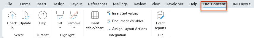 Displays the 'DM-Content' tab of the Word ribbon in MS Office Native with the 'Server', 'Lucanet', 'Highlight', 'Verknüpfung', and 'Datei' areas.