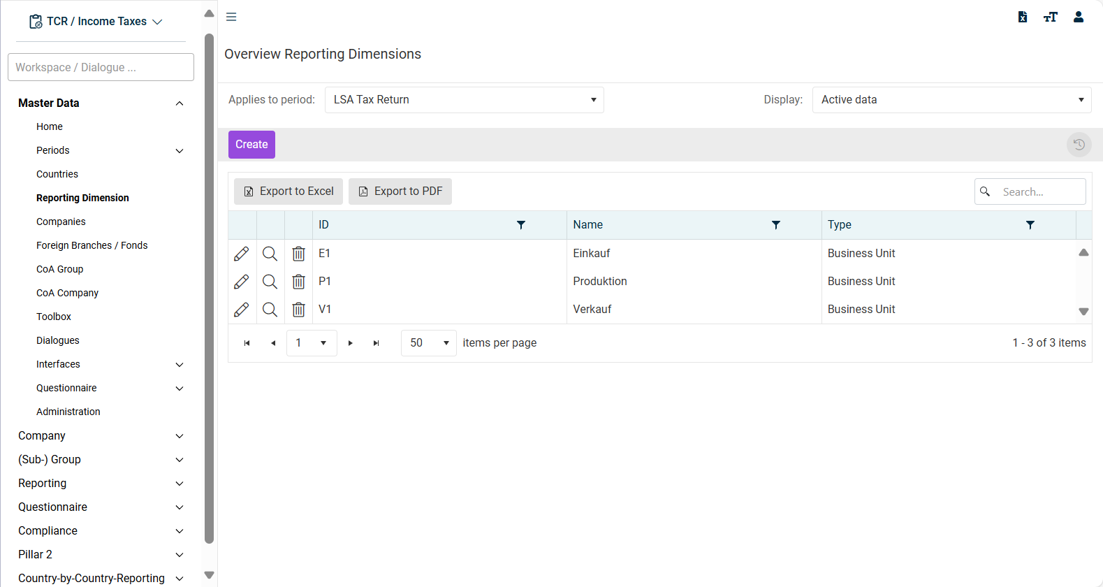 User interface of the ‘Income Taxes' module