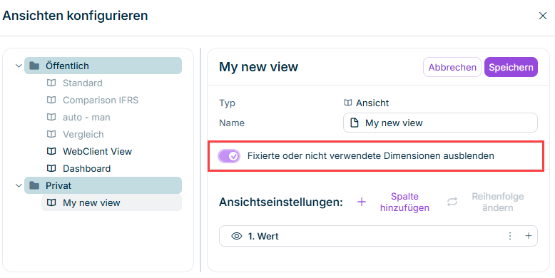 Zeigt den Dialog 'Ansichten konfigurieren' für die Ansicht 'My new view' mit aktivierter und rot hervorgehobener Option 'Fixierte oder nicht verwendete Dimensionen ausblenden'.