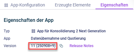 Zeigt den Reiter 'Eigenschaften' einer Konsolidierungs-App. Rot hervorgehoben ist die Version, die angezeigt wird.